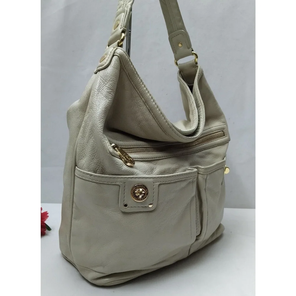 Marc By Marc Jacobs Off-White Leather Turnlock Pockets Zipper Hobo Shoulder Bag